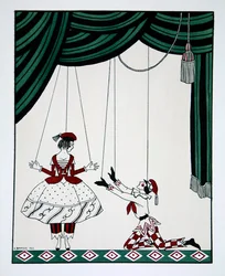 Petroushka, aus der Serie Designs on the dances of Vaslav Nijinsky 1889-1950. Georges Barbier 1882-1932, Pochoir-Druck